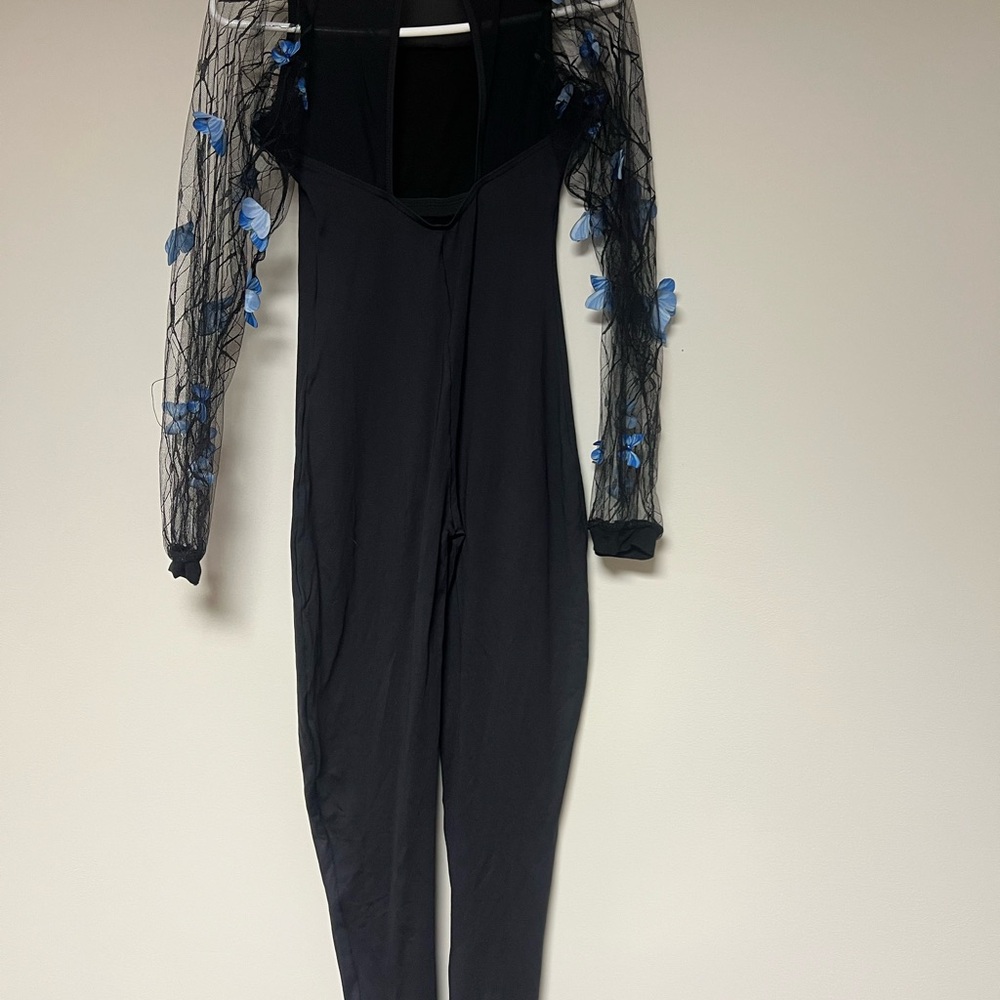 Black unitard  with Blue butterfly mesh  Sleeves